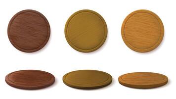 Wooden pizza boards. Round chopping board, pizza serving platter and empty circle wood tray 3D side and top views, kitchen tableware with realistic wooden texture, isolated mockup set vector