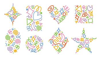 Colorful line doodle pattern shapes. Abstract geometric figures with hand drawn squiggles, swirls, linear symbols and wavy lines. Confetti design elements set vector