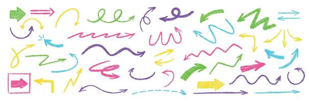 Crayon doodle arrows. Chalk textured pointer, hand drawn squiggle, curly, wavy and zigzag arrow lines. Swirl cursor, dashed guide line and sketch direction pointers set vector