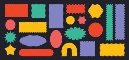 Abstract scalloped shapes. Squiggle sticker frames, jagged price tag, blank label with wavy edges. Wavy border text box, postage stamp and starburst shape. Geometric forms design elements set vector