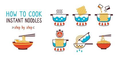 How to cook instant noodles. Dried noodle block manual with boiling water in pot, adding ramen and spices, cooking time guide. Step by step fast ramen hot meal instruction illustration vector