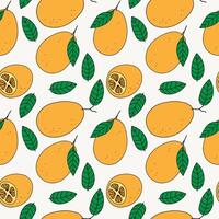 Seamless pattern with Kumquat citrus plants. Repeating background with whole and half juicy Fortunella fruits. Botanical illustration of Asian tree for food label, sign, wrapping, textile vector