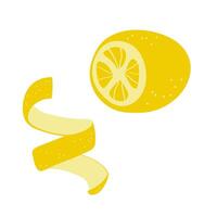 Illustration of lemon with zest on isolated background in flat style. Hand drawn half of citron and peel. Food and drink, ingredient for cooking, baking. Design element for label, card, sign vector