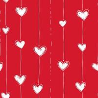 Valentine's Day hearts hanging on strings, against a red background, with white line art. heart seamless pattern illustration, doodle summer, kids and baby designs for print fabric. vector