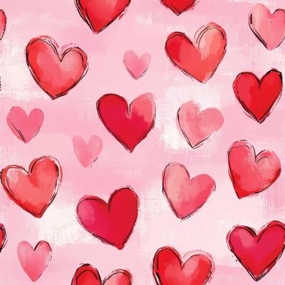 Red and pink hearts on pink background, in a watercolor style, heart seamless pattern illustration, doodle summer, kids and baby designs for print fabric.