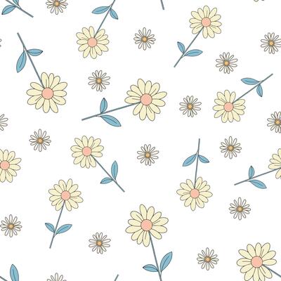 Cute, small daisy flowers in pastel colors, simple line art. flower seamless pattern illustration, doodle summer, kids and baby designs for print fabric.