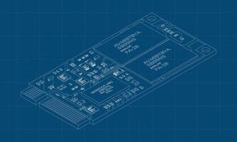 Isometric solid state drive blueprint. Drive ssd storage illustration. SSD M.2 illustration. Computer hardware components. illustration. vector