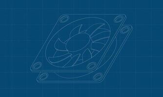 Isometric computer fan blueprint. Computer fan cooler. Isometric of PC case fan. Computer hardware components. illustration. vector