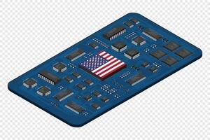 Isometric electronic board with USA flag. Isometric printed circuit board with electronic components, Electronic components and integrated circuit board. vector