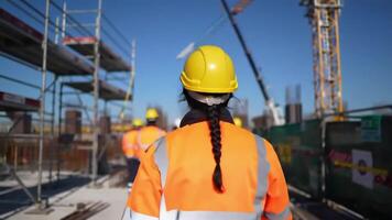 Woman in safety gear walking on construction site with scaffolding and crane in the background video