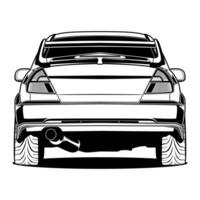 A car is shown in black and white vector