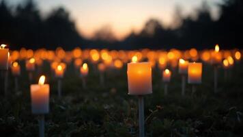 A serene scene of numerous lit candles glowing in a field at dusk, creating a warm and peaceful ambiance. video