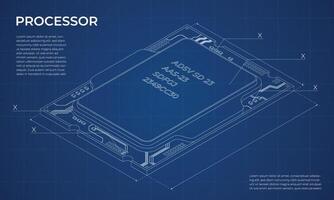 Isometric processor blueprint. Central processing unit or CPU. Computer hardware components. Semiconductor technology concept. illustration vector