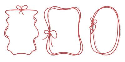 Set collection of red hand drawn vintage whimsical coquette bow frames borders wavy ribbon vector
