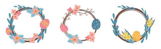 Set collection of Easter wreaths with painted eggs and spring flowers vector