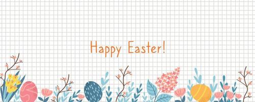 Happy Easter day spring checkered card background border banner with easter elements painted eggs, spring plant and flowers vector