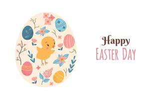 Happy Easter day spring card banner invitation poster with simple elements painted eggs, spring plant and chicken vector