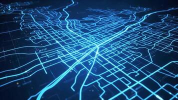 Futuristic digital map with glowing blue lines representing streets and pathways on a dark background. video
