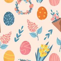 Happy Easter day seamless pattern background with simple elements painted eggs and spring plants for decoration and packaging vector