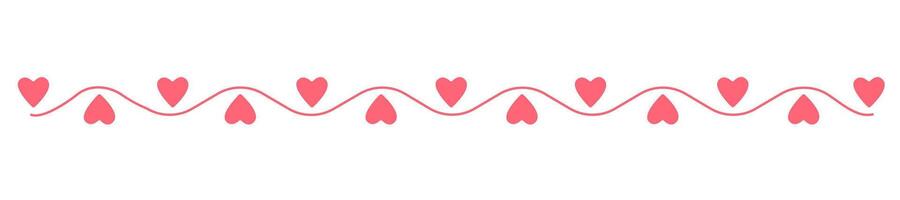 Hearts and curly line doodle style hand drawn divider, simple lineart illustration, decorative romantic horizontal border, design element for book, card, invitation vector