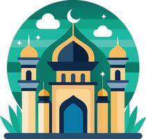 Elegant Mosque Design for Eid and Ramadan with Arabic Calligraphy and Crescent Moon vector