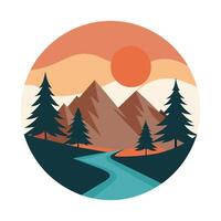 Scenic Mountain Landscape with Sunset and Trees in Circular Artistic Retro Style vector