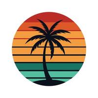Tropical Beach Sunset with Palm Trees Silhouette in Retro Circle Design for Summer and Vacation Themes vector