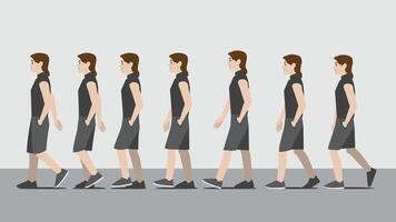 Animation of a woman in dark shirt and skirt with one hand in pocket walking in side view showing the step cycle sequence vector