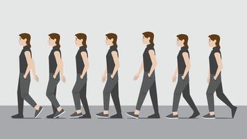 Animation of a woman in dark shirt and pants with one hand in pocket walking in side view showing the step cycle sequence vector