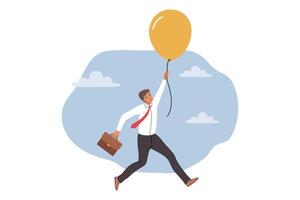 Frightened business man holding on to flying balloon, afraid of failure due to risky actions vector