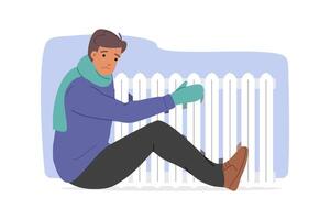 Freezing man hugs radiator to escape cold due to sharp drop in temperature in apartment vector