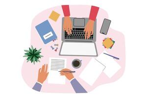 Hands of business people working in office at one table, typing on laptop and signing documents vector