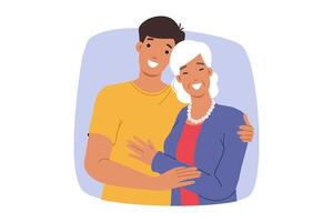 Happy son hugs smiling elderly mother, demonstrating unity of generations and caring for family vector