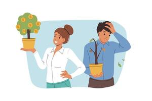 Difference in income is demonstrated by money tree in hands rich woman standing near poor colleague vector
