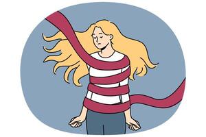 Woman hostage tied with rope is sad and clenches fists, feeling helplessness and crippling apathy vector