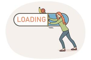 Woman suffers from slow internet and pushes loading bar with snail, needing to connect to 5G network vector