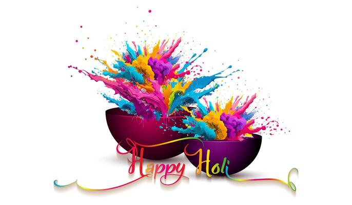 Happy Holi Indian Festival Banner, Colorful gulaal, powder color, party card with colourful explosion patterned and crystals on white paper Background, illustration vibrant color template