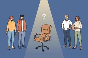 Potential candidates for vacancy stand near empty office chair, for personnel recruiting concept vector