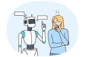 Robot helps woman, thinking about solving complex issue and turned to AI for help vector