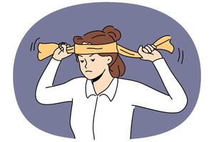 Tired woman puts on headband to complete task, demonstrate readiness to deal with business problems vector