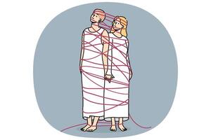 Two sad women tied with rope hold hands demonstrating personal affection and shared problems vector