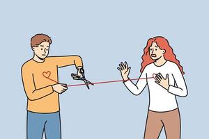 Man gets rid of love addiction and attachment to girlfriend, cuts rope connecting hearts vector