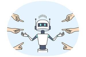People blame robot for unemployment and point fingers at cyborg due to development AI vector