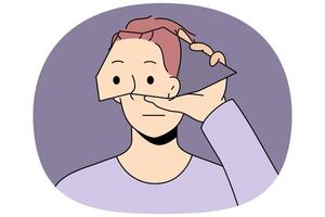 Man experiencing mental disorder holds piece of mirror near face suffering from mental illness vector
