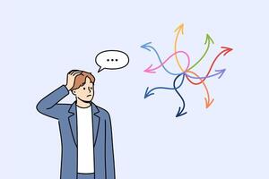 Business man is faced with difficult choice, looking at arrows pointing in different directions vector