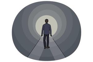Man walks through tunnel towards exit, striving to achieve success and get out problematic situation vector