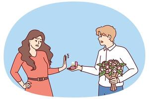 Woman rejects marriage proposal from man holding engagement ring and bouquet of flowers vector