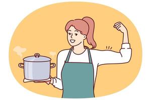 Woman cook holds pot of soup and shows biceps as sign of pride in ability to cook complex dish vector