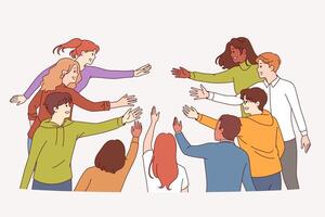 Multicultural people reach out to each other, demonstrating unity and readiness to create community vector