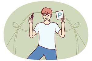 Man driver is standing near car holds key and parking plate after completing training courses vector